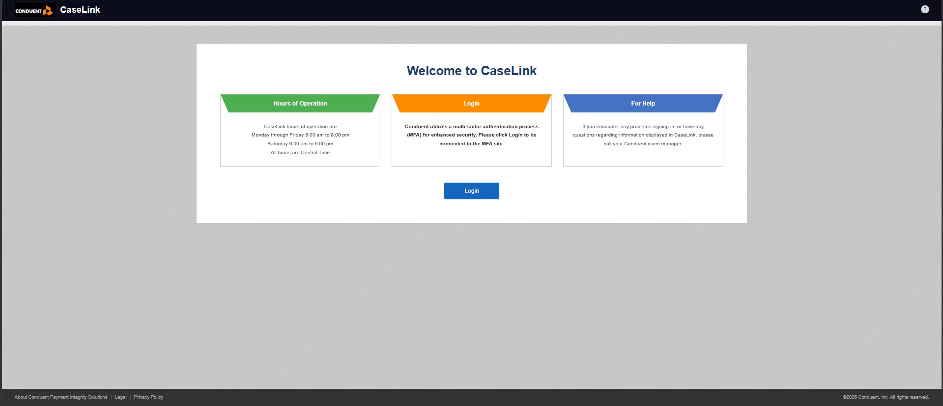 CaseLink Welcome / Login Screen